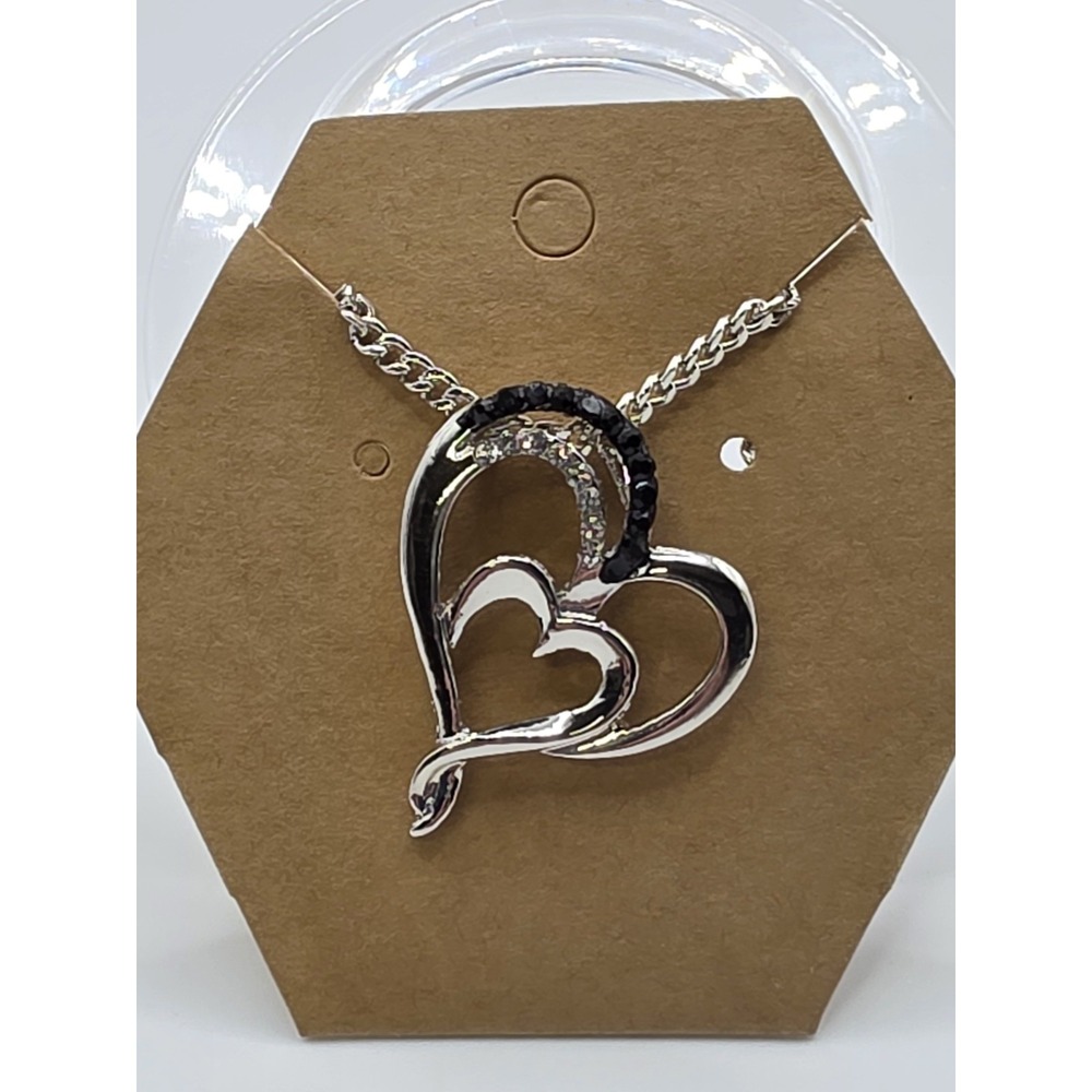 Silvertone‎ Black White Rhinestone Double Heart Necklace